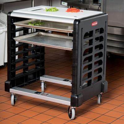 RUBBERMAID 8 Slot Side Loader Prep Cart with Cutting Board (Food Boxes and Sheet Pans) FG331600BLA