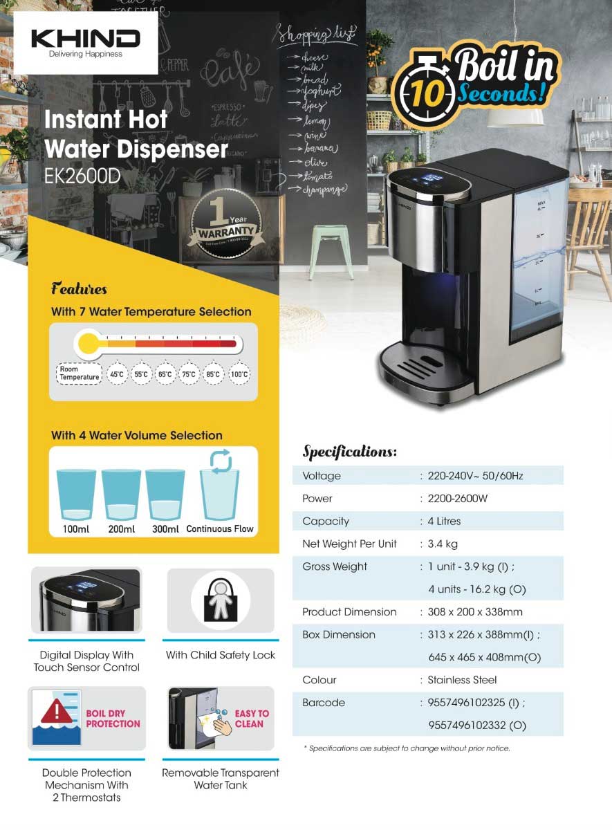 KHIND 4L Instant Hot Water Dispenser EK2600D Kitchen Equipment Online
